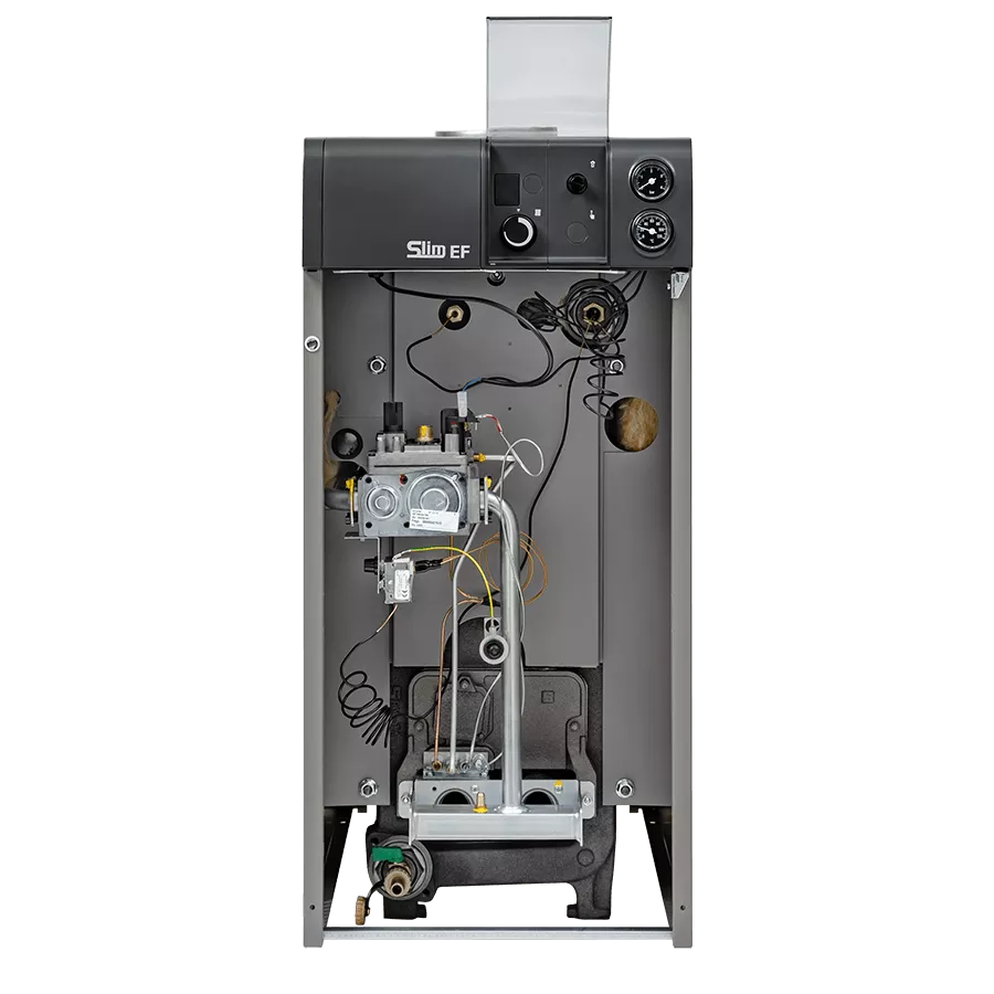 ГИДРАВЛИЧЕСКАЯ СИСТЕМА

	Чугунный первичный теплообменник;
	Возможность работы с естественной и принудительной (насос) циркуляцией теплоносителя;
	Манометр.
 Модель SLIM EF 1.61