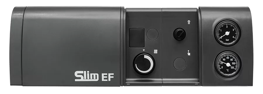 УСТРОЙСТВА КОНТРОЛЯ И БЕЗОПАСНОСТИ

	Контроль пламени при помощи термопары;
	Защитный термостат от перегрева воды в первичном теплообменнике;
	Датчик тяги для контроля за безопасным удалением продуктов сгорания (термостат);
	Предохранительный клапан в контуре отопления (3 бар).


Необходимо дозаказать дымовой колпак 7215464-- (для моделей SLIM EF 1.39 и SLIM EF 1.49) и 7215465-- (для моделей SLIM EF 1.61). Цена указана с учетом стоимости колпака (поставляется в отдельной упаковке). Модель SLIM EF 1.61